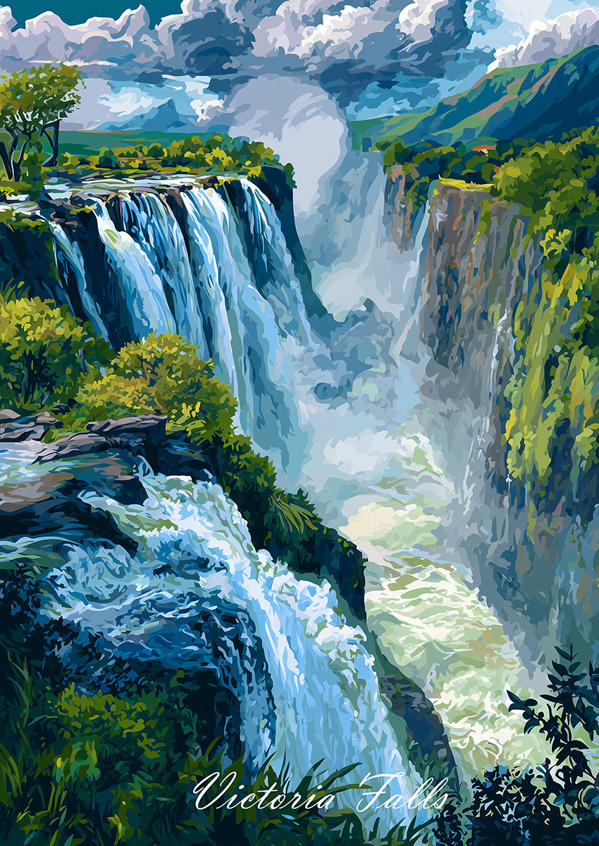 Vibrant artwork depicting the cascading waters of Victoria Falls surrounded by lush greenery.